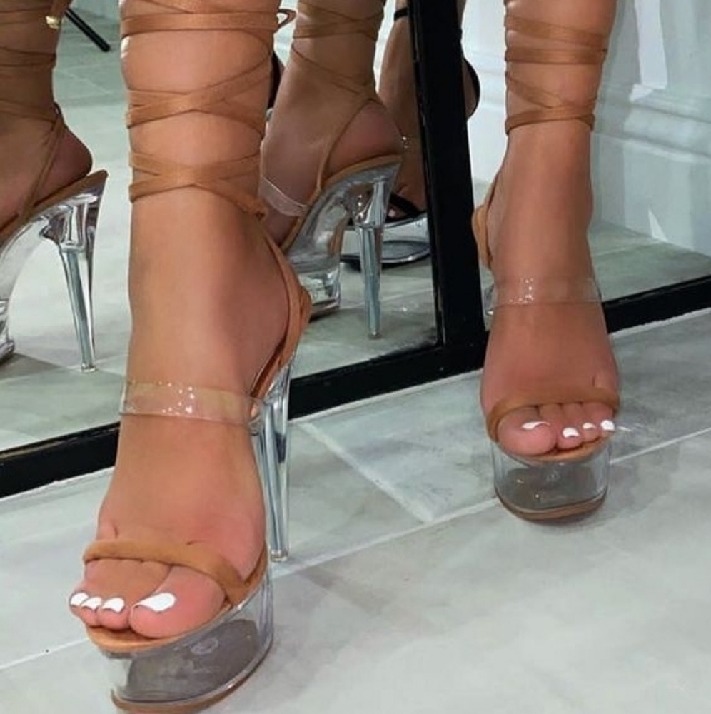 Nude Clear Lace up Stiletto Platform High Heels